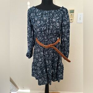 Liberty Love Navy Floral Dress with Tan Belt. Size Medium. NWT.
